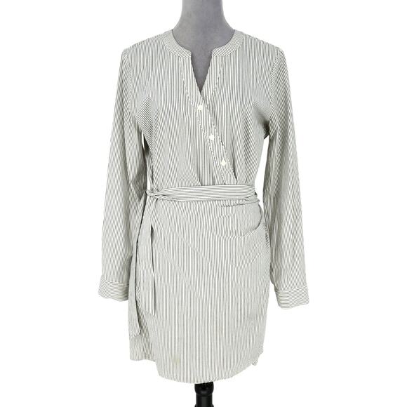 Loft Dress Womens 8 Ivory Black Stripe Cotton Faux Wrap Tie Waist Beach Coastal - Picture 1 of 13
